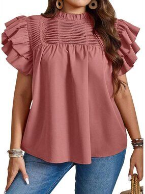 〽️Women Pink Mock Neck Pleated Tunic Loose Fit Ruffle Sleeve Summer Tops